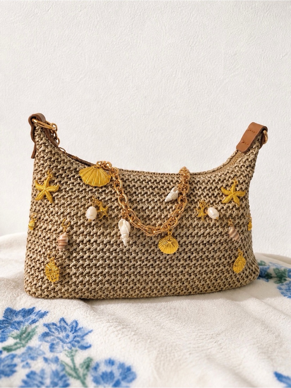 Woven Shell-Accent Shoulder Bag in Natural